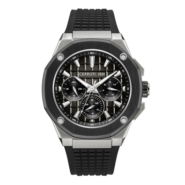 CERRUTI 1881 WATCH, men's wristwatch with a black dial, silver accents, chronograph subdials, and a black rubber strap.