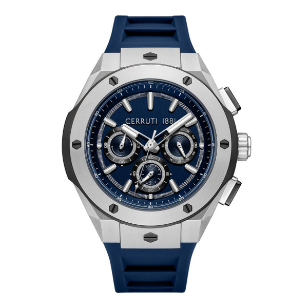 CERRUTI 1881 Watch, blue dial with chronograph features and stainless steel case with blue rubber strap.