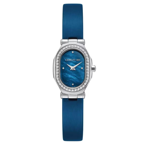 CERRUTI 1881 WATCH [CIWLA0097301], blue oval dial watch with silver-tone hands and silver case, surrounded by a ring of clear crystals, with a matching blue strap.