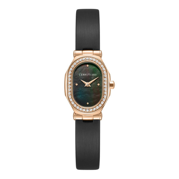 CERRUTI 1881 WATCH [CIWLA0097303], close-up of a luxury women's wristwatch with a black leather strap, oval-shaped rose gold case encrusted with diamonds, and a dark mother-of-pearl dial.