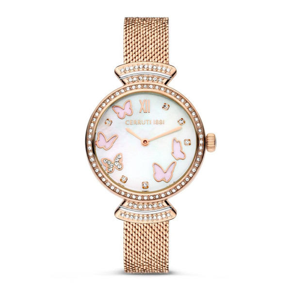 CERRUTI 1881 WATCH [CIWLG0008703], elegant women's wristwatch with a mother-of-pearl dial, butterfly-shaped indices, and a rose gold-tone mesh strap, embellished with crystals around the bezel.