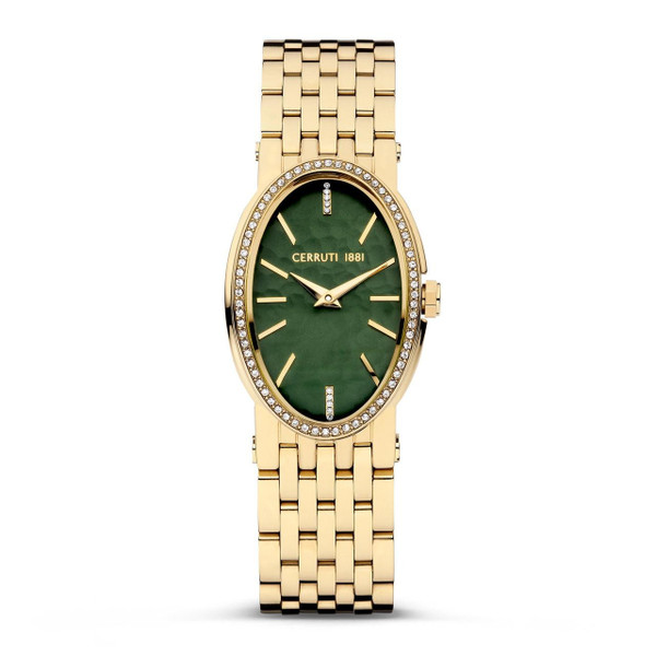 CERRUTI 1881 WATCH, Luxurious gold-tone wristwatch with an oval green dial, adorned with sparkling crystals around the bezel, featuring a date indicator and elegant gold hour markers and hands.