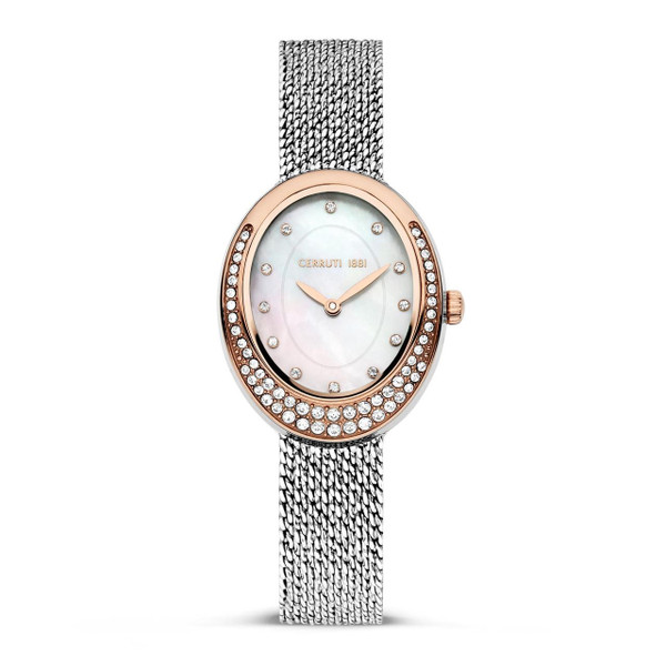 CERRUTI 1881 WATCH, Elegant oval stainless steel and rose gold watch with crystal embellishments on the bezel and a white mother-of-pearl dial with crystal hour markers.