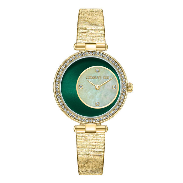 CERRUTI 1881 WATCH [CIWLG0052101], luxurious gold-tone women's wristwatch with green and mother-of-pearl dial, adorned with crystal accents and a textured gold strap.