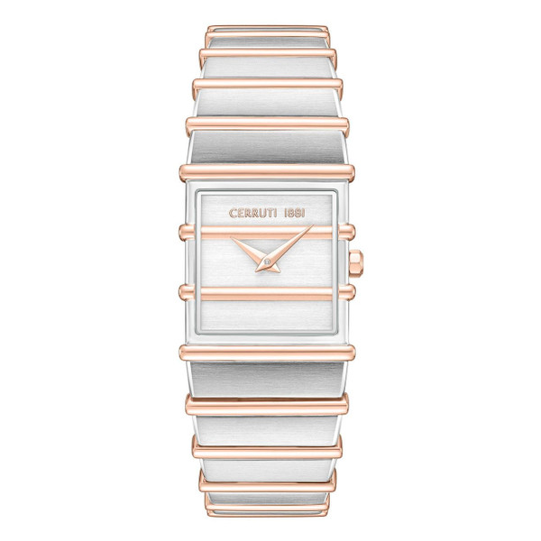 CERRUTI 1881 WATCH [CIWLG0052203], Elegant two-tone silver and rose gold wristwatch with rectangular dial, minimalist design, and a sleek metal band.