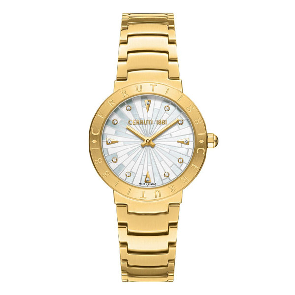 CERRUTI 1881 WATCH, a luxurious gold-tone wristwatch with a sunburst pattern dial featuring crystal accents as hour markers and a polished bezel engraved with the brand name.