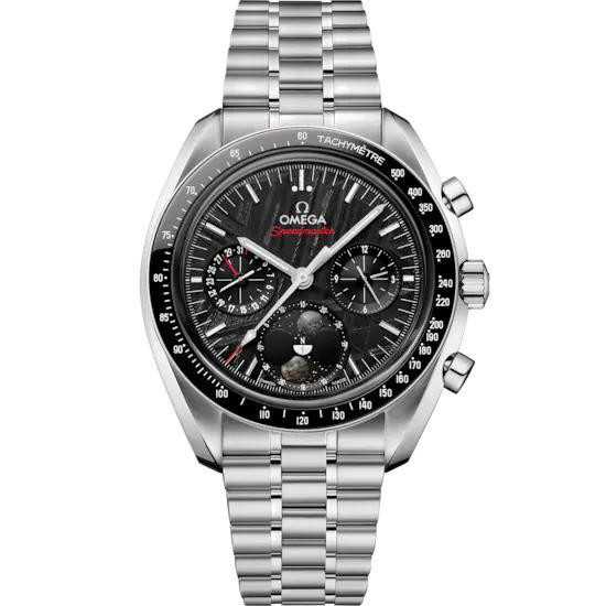 OMEGA Speedmaster Moonphase 43 mm, a luxury stainless steel wristwatch with a black dial, multiple sub-dials, and a tachymetre scale around the bezel.