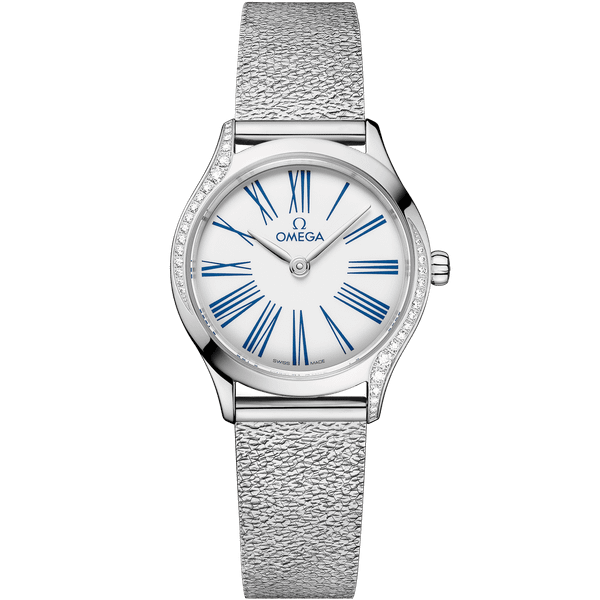 OMEGA De Ville Mini Trésor 26 mm, luxurious women's wristwatch with a white dial, blue Roman numeral hour markers, and a silver textured strap.