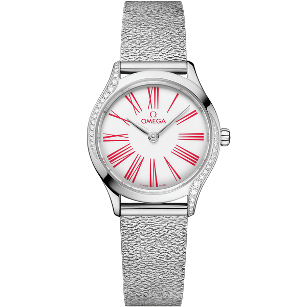 OMEGA De Ville Mini Trésor 26 mm watch, silver with red Roman numeral dial and diamond-embellished bezel.