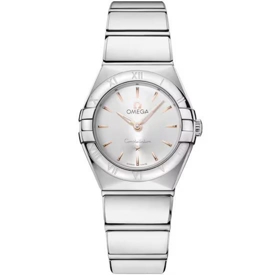 OMEGA Constellation 25 mm watch, stainless steel wristwatch with a silver dial and rose gold accents, featuring Roman numeral markers on the bezel.