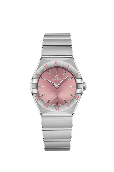 OMEGA Constellation 28 mm, watch featuring a pink dial, stainless steel bracelet, and Roman numeral hour markers.