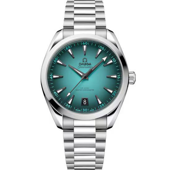 OMEGA Seamaster 41 mm, luxury stainless steel watch with turquoise dial, date display, and bracelet.