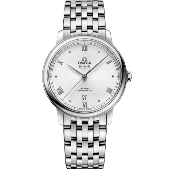 OMEGA De Ville 40 mm, silver luxury wristwatch with stainless steel band and classic round dial.