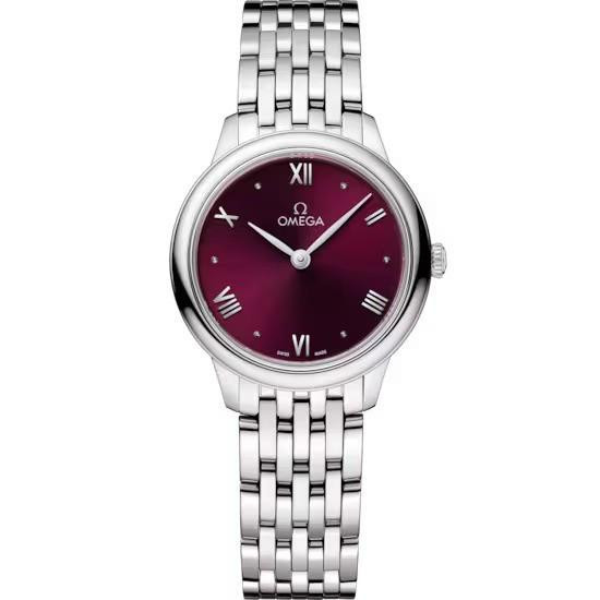 OMEGA De Ville 28 mm, elegant women's wristwatch featuring a deep burgundy dial with Roman numeral markers and a stainless steel bracelet.