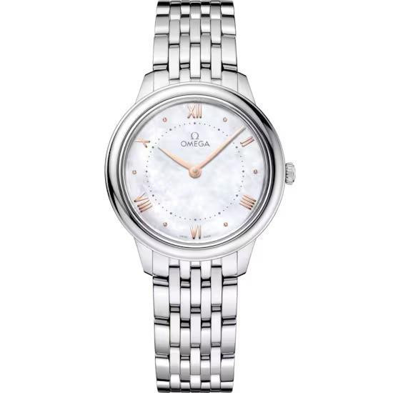 OMEGA De Ville 30 mm, elegant women's wristwatch with a silver stainless steel bracelet and a white mother-of-pearl dial featuring rose gold-tone Roman numerals and hands.
