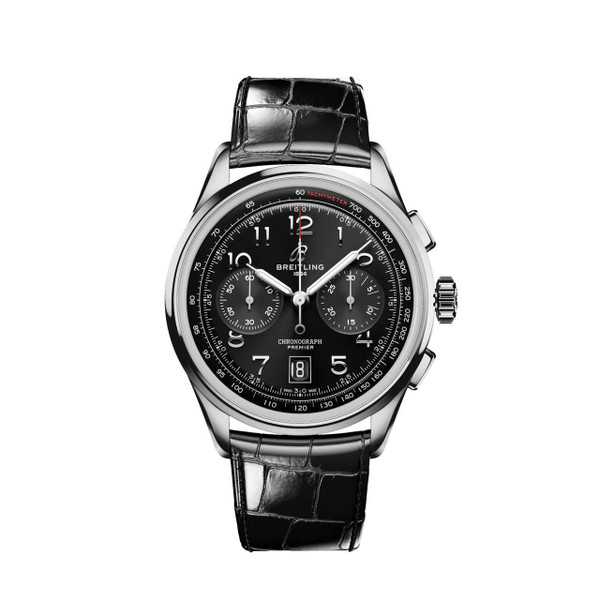 Breitling Premier B01 Chronograph 42, a luxury wristwatch with a black dial, silver-tone hands, subdials, and a black leather strap.