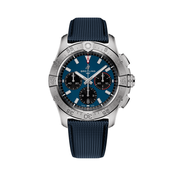 Breitling Avenger B01 Chronograph 42, luxury men's wristwatch with blue dial, stainless steel case, black chronograph subdials, and blue textured strap.