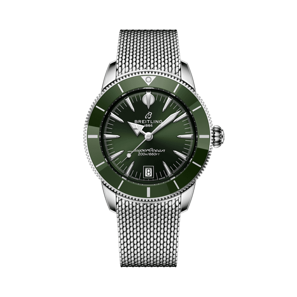 Breitling Superocean Heritage B31 Automatic 40, green dial with stainless steel mesh strap, water-resistant up to 200 meters, luxury men's watch. 