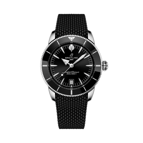 BREITLING Superocean Heritage B31 Automatic 42 watch, black dial with silver hands, date display, and black textured strap.