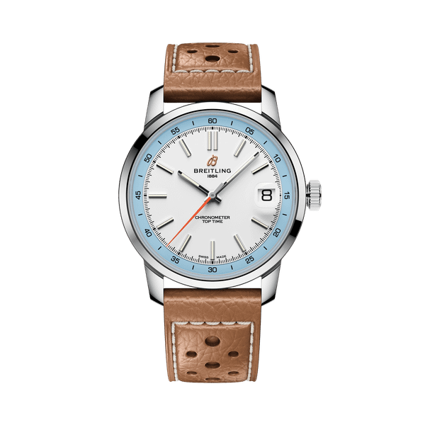 Breitling Top Time B31 watch, stylish men's wristwatch featuring a white dial with luminous hands, date display, and a tan leather strap.