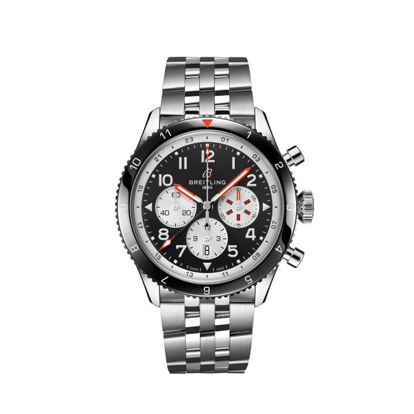 Breitling Classic AVI Super AVI B04 Chronograph GMT 46 Mosquito watch, stainless steel case and bracelet, black dial with chronograph sub-dials and red accents, rotating bezel with black and silver finish.