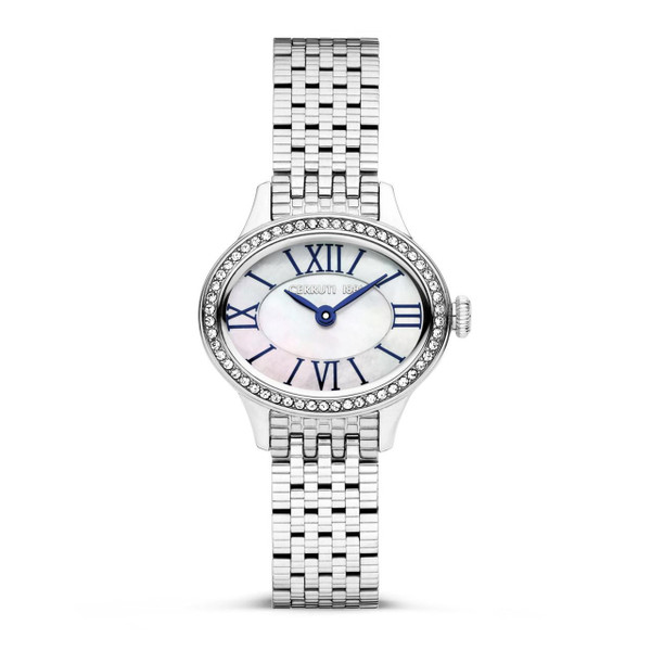 CERRUTI 1881 WATCH [CIWLG0012202], Elegant silver watch with a diamond-studded bezel, mother-of-pearl dial, Roman numeral markers, and a stainless steel bracelet band.
