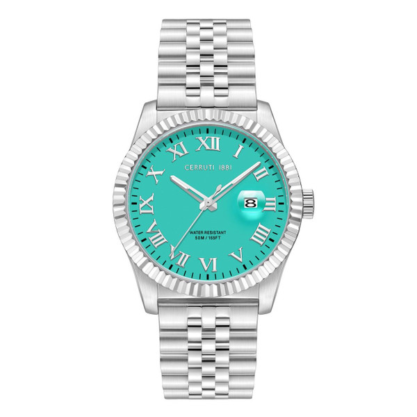 CERRUTI 1881 WATCH [CIWGH0019802], Silver stainless steel bracelet watch with turquoise dial, Roman numeral hour markers, date window, and water resistance to 50 meters