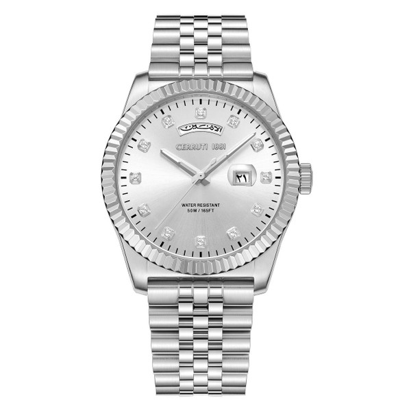 CERRUTI 1881 WATCH [CIWGH0073101], a luxury silver-tone wristwatch with a stainless steel band, diamond hour markers, date display, and water resistance up to 50 meters.