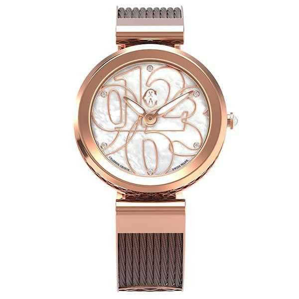 CHARRIOL Forever 32mm watch, rose gold-tone case with a white mother-of-pearl dial featuring oversized, stylized numerals and a mesh strap.