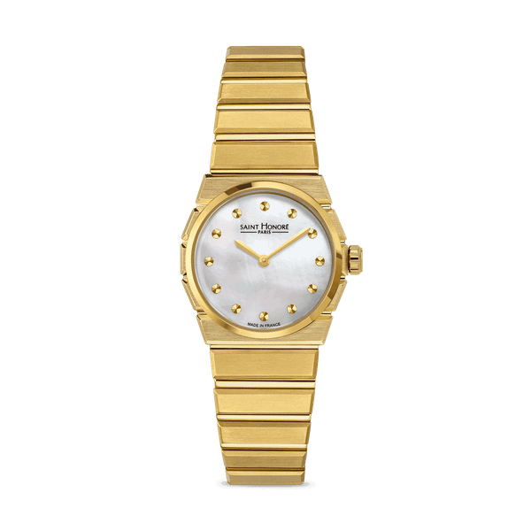 SAINT HONORE ODEON watch, gold-toned wristwatch with a white Mother of Pearl dial and gold dot hour markers.