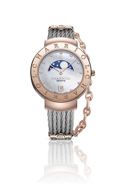 CHARRIOL St-Tropez Moonphase 35mm Rose Gold watch, elegant watch with moonphase complication, mother of pearl dial, diamond hour markers, and rose gold case with a silver woven strap and chain detail.