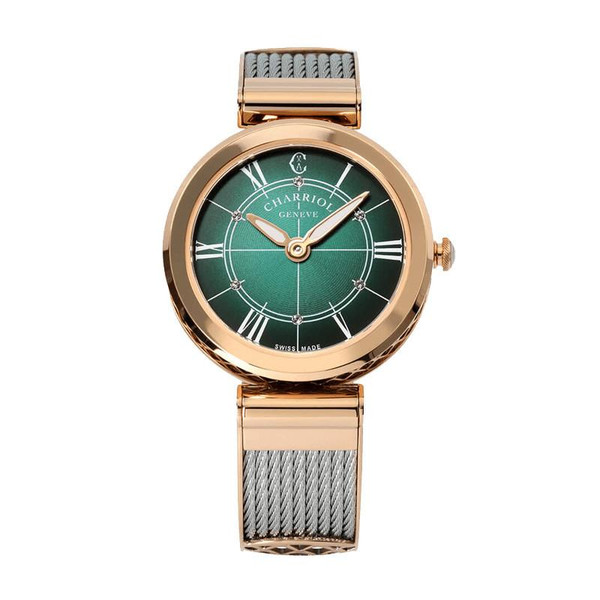 CHARRIOL FOREVER WATCH 32mm, luxury women's wristwatch with a green dial, gold-tone case, and a woven silver-tone strap.