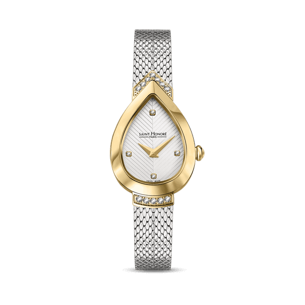 SAINT HONORE PETIT PALAIS watch, luxury gold and silver women's wristwatch with diamond accents and teardrop-shaped face.