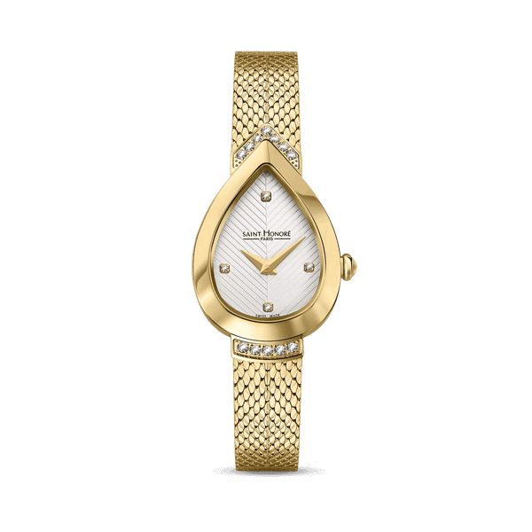 SAINT HONORE PETIT PALAIS watch, gold-tone teardrop-shaped feminine wristwatch with diamond accents and a textured white dial.