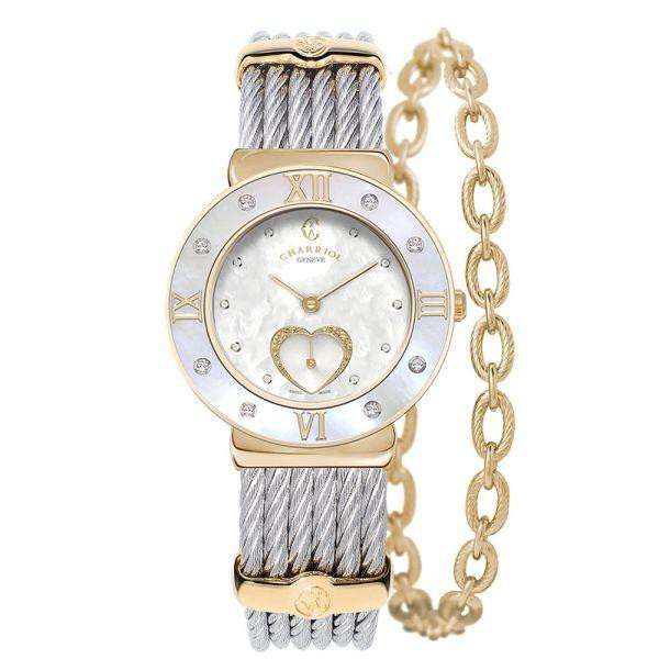 CHARRIOL St-Tropez Icon 30mm Yellow Gold Diamond watch, featuring a two-tone band with gold and silver elements, a mother-of-pearl dial with diamond accents, and an attached gold chain bracelet.
