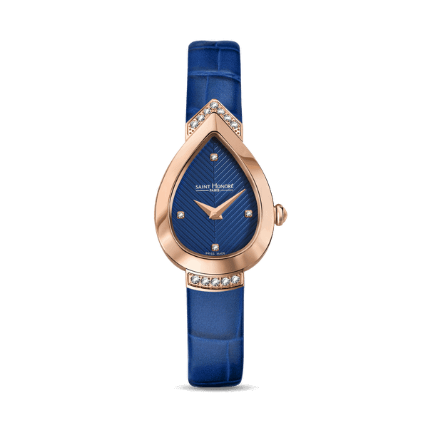 SAINT HONORE PETIT PALAIS watch, elegant women’s wristwatch with teardrop-shaped rose gold case, blue dial with diamond hour markers, and matching blue leather strap.