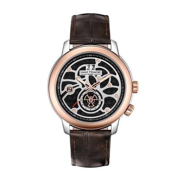 SAINT HONORE ORSAY watch, luxury men's wristwatch with a skeletal dial, rose gold bezel, and brown leather strap.