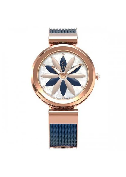 Charriol Forever Flower Ladies Watch 32mm, stylish wristwatch with a floral designed dial, rose gold case, and blue fabric strap.