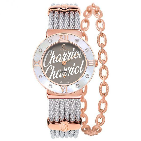 CHARRIOL St-Tropez Icon 30mm Rose Gold MOP Diamond, luxury wristwatch with rose gold-tone case, mother-of-pearl dial, and a silver-tone cable band with a matching chain bracelet.