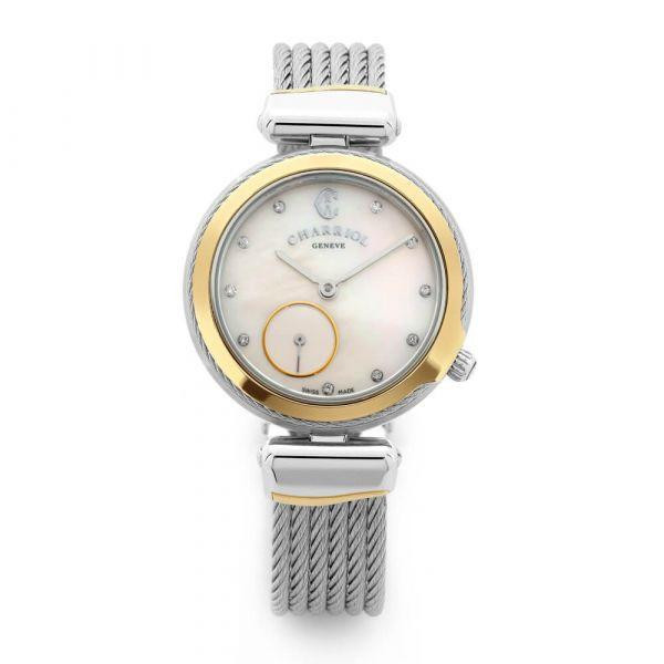 CHARRIOL CELTIC LEGACY WATCH 30 mm, luxury wristwatch with a mother-of-pearl dial, diamond hour markers, and a silver and gold-tone stainless steel bracelet.
