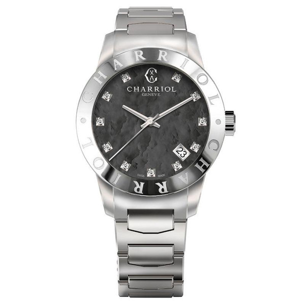 CHARRIOL Alexandre C 33mm Steel Ladies Watch, elegant silver stainless steel watch with diamond markers and a black Mother of Pearl dial.
