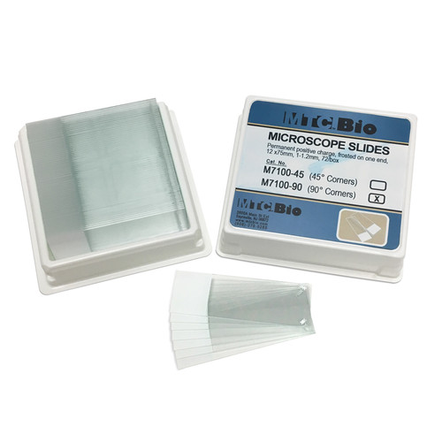 Microscope slides, positive charged, 45° corners, frosted on one end, 25 x 75mm, 72/pk-MTC M7100-45