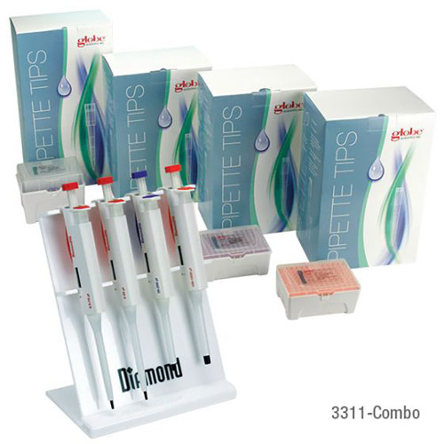 Pipette Kit, Diamond PRO Adjustable Volume Pipettors: 0.5-10uL, 2-20uL, 20-200uL, 100-1000uL; Sterile Racked Tips: 10uL, 20uL, 200uL, 1250uL and 4-Place Stand-GLB 3311-COMBO
