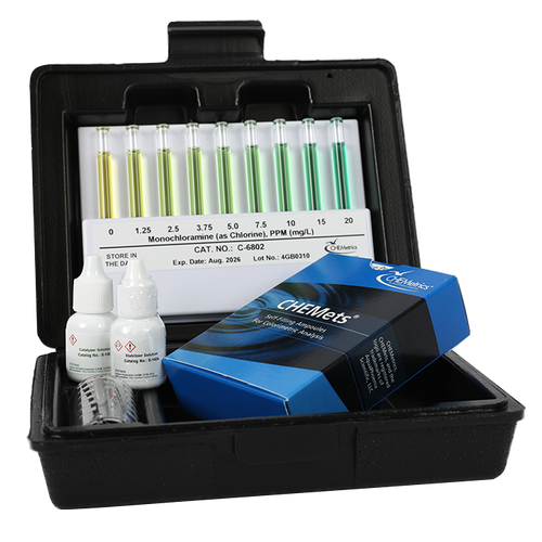 Monochloramine CHEMets Kit, Range: 0 - 20 ppm as NH2Cl-Cl2, MDL: 0.625 ppm, Method: Hydroxybenzyl Alcohol (HBA), 30 tests-AQUAP K-6802