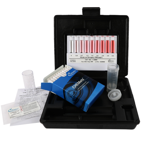 Nitrate Test Kit — CHEMets Visual Kit, Range: 0-4.5 ppm as N, MDL: 0.4 ppm, Method: Cadmium Reduction, 30 tests-AQUAP K-6904