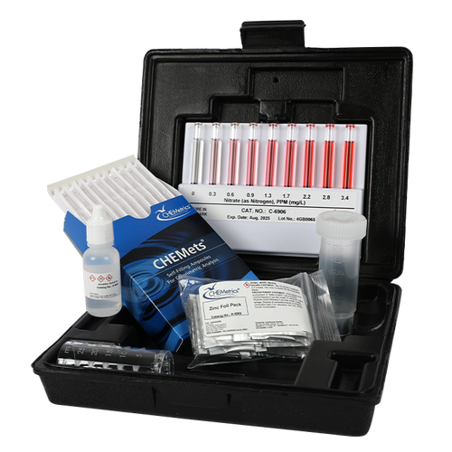 Nitrate Test Kit — Zinc Reduction Method CHEMets Visual Kit, Range: 0-3.4 ppm as N, MDL: 0.3 ppm, 30 tests-AQUAP K-6905