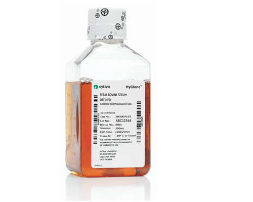 HyClone Defined Fetal Bovine Serum (FBS), US Origin, 500 mL, Irradiated and Heat Inactivated, 25-40 dose-CYTIVA SH30070.03IH25-40