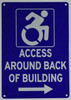 ACCESSIBLE Entrance Around Back of Building Right Arrow Signage-The Pour Tous Blue LINE