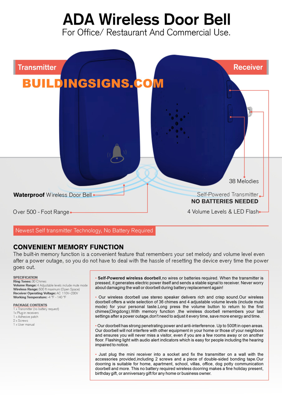 Wireless Doorbell for office / restaurant and commercial use- No Battery  Required + ada for assistance please ring bell SIGN 4x7