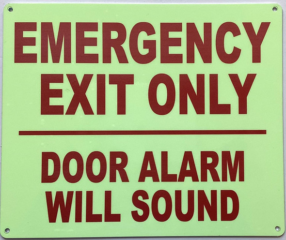 Photoluminescent EMERGENCY EXIT DOOR ONLY ALARM WILL SOUND SIGN
